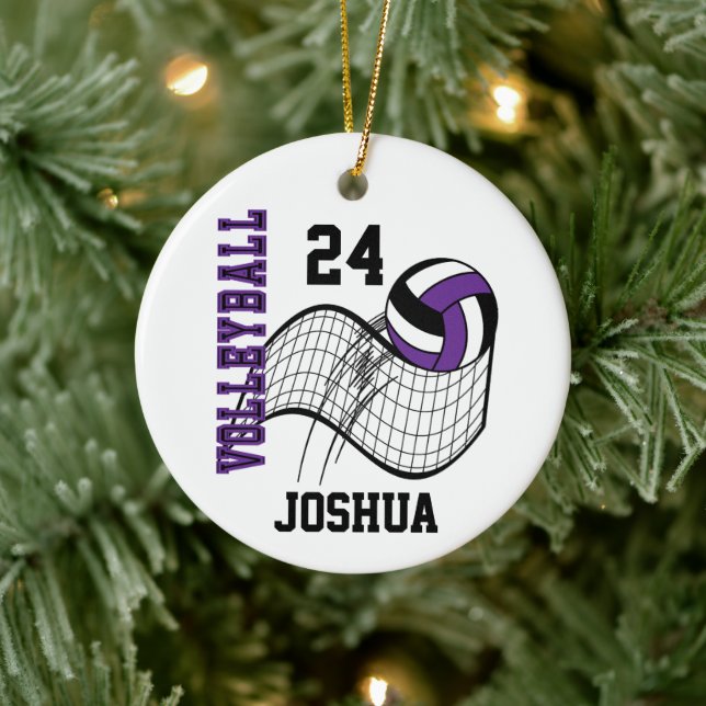 Purple, Black and White Volleyball Ceramic Ornament (Tree)