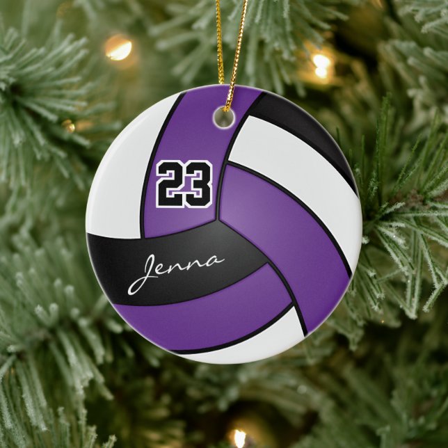 Purple, Black and White  Volleyball Ceramic Ornament (Tree)