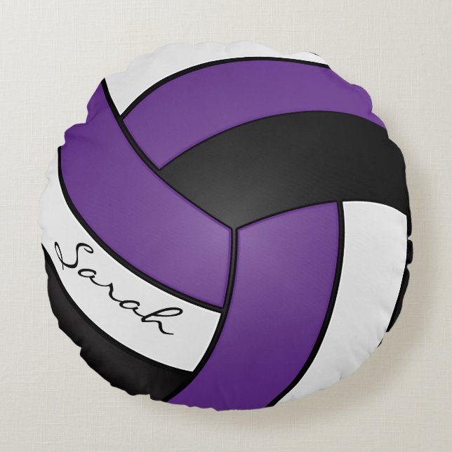 Purple, Black and White Volleyball | DIY Name Round Pillow (Front)