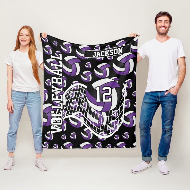 Purple, Black and White Volleyball Pattern Fleece Blanket (In Situ)