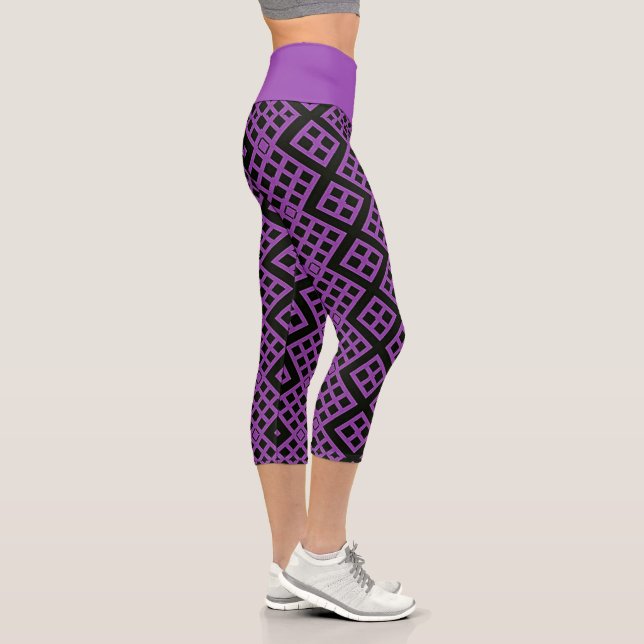 Purple + Black Art Deco Pattern Capri Leggings (Right)