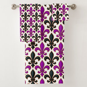Purple Black Baroque Fleur-de-lis Pattern Design Bath Towel Set
