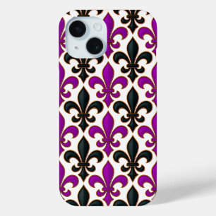 Purple Black Baroque Fleur-de-lis Pattern Design iPhone 15 Case