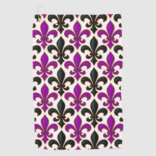 Purple Black Baroque Fleur-de-lis Pattern Design  Golf Towel