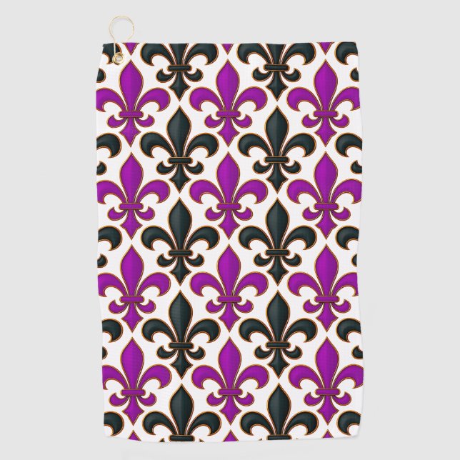 Purple Black Baroque Fleur-de-lis Pattern Design  Golf Towel (Front)