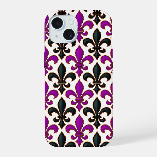 Purple Black Baroque Fleur-de-lis Pattern Design  Iphone Case (Back)