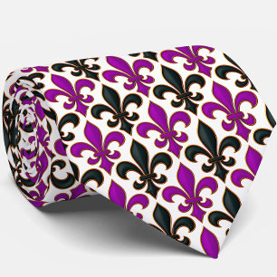 Purple Black Baroque Fleur-de-lis Pattern Design Neck Tie
