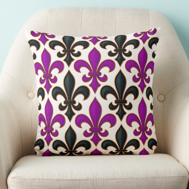 Purple Black Baroque Fleur-de-lis Pattern Design  Throw Pillow (Creator Uploaded)