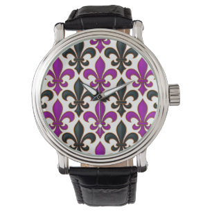 Purple Black Baroque Fleur-de-lis Pattern Design Watch