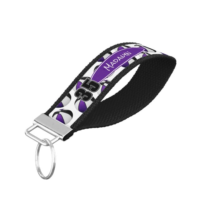 purple black basketballs pattern athlete name wrist keychain (Angled Down)