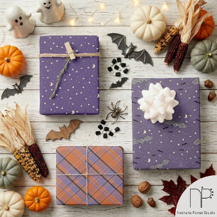 Purple & Black Bats Halloween Wrapping Paper Sheets