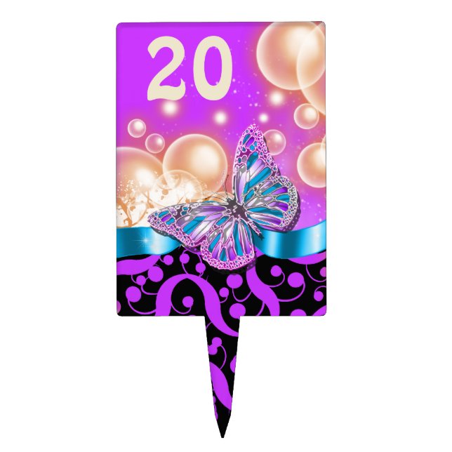Purple black blue beach butterfly PERSONALIZE Cake Topper (Front)