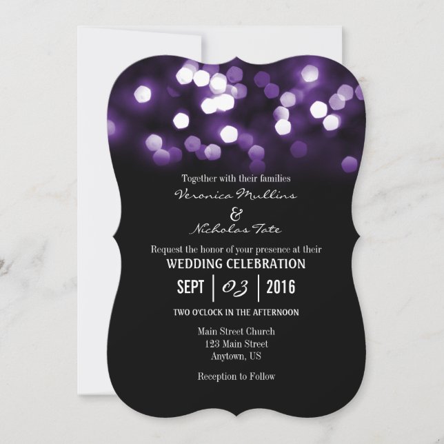 Purple Black Bokeh Glitter Lights Wedding Invites (Front)