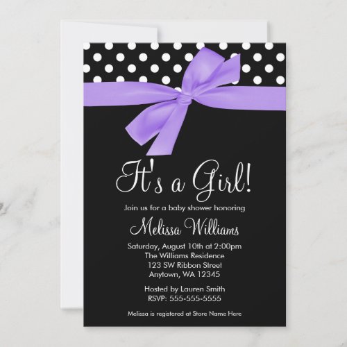Purple Black Bow Polka Dot Baby Shower Invitations