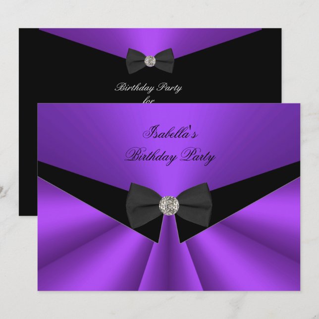 Purple Black Bow Tie Birthday Party Diamond 2 Invitation (Front/Back)
