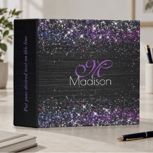 Purple black brushed metal glitter monogram 3 ring binder