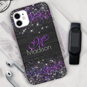 Purple black brushed metal glitter monogram Case-Mate iPhone 14 case
