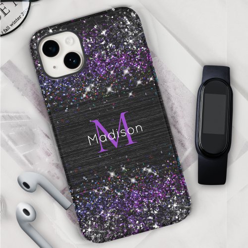Purple black brushed metal glitter monogram iPhone 15 case