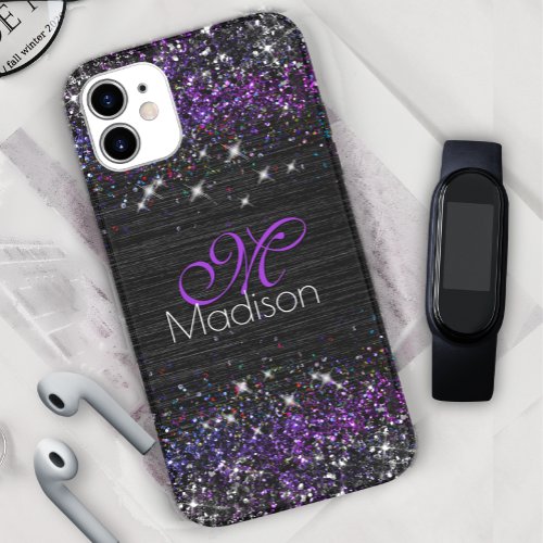 Purple black brushed metal glitter monogram Case_Mate iPhone 14 case