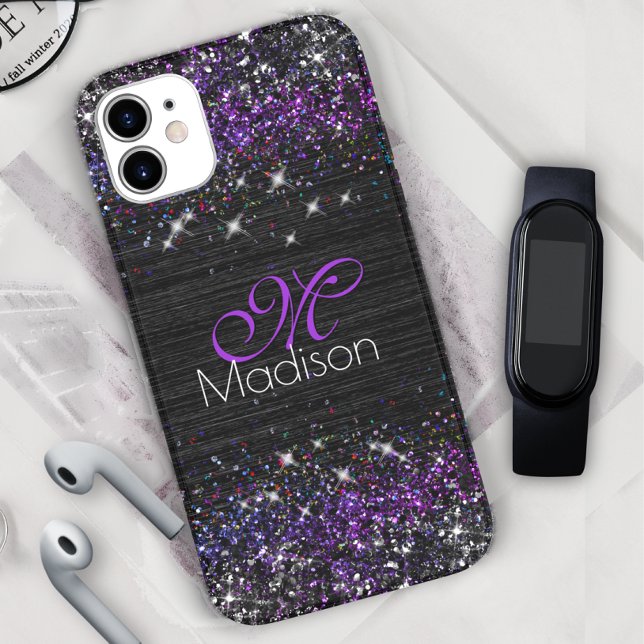 Purple black brushed metal glitter monogram Case-Mate iPhone case (Creator Uploaded)