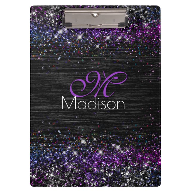 Purple black brushed metal glitter monogram clipboard (Front)