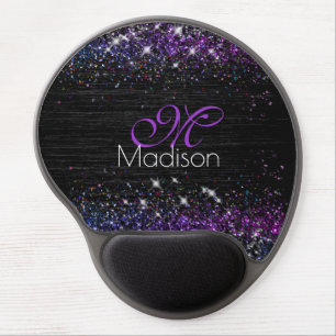 Purple black brushed metal glitter monogram gel mouse pad