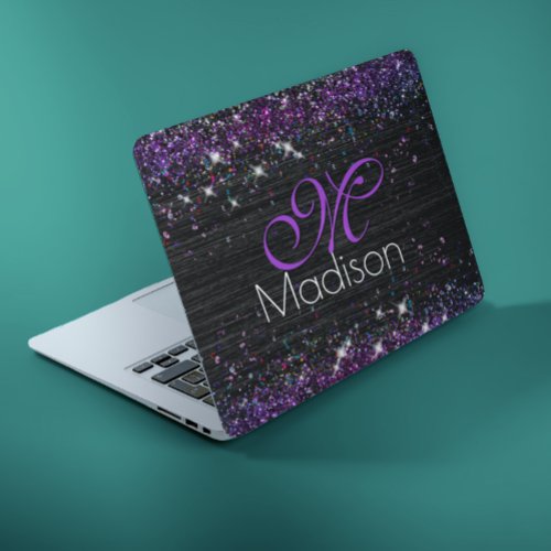 Purple black brushed metal glitter monogram HP laptop skin