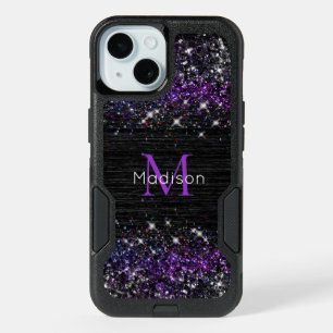 Purple black brushed metal glitter monogram iPhone 15 case