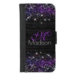 Purple black brushed metal glitter monogram iPhone 8/7 wallet case
