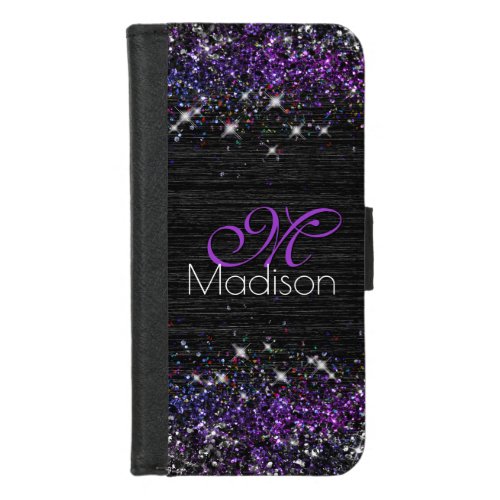 Purple black brushed metal glitter monogram iPhone 87 wallet case