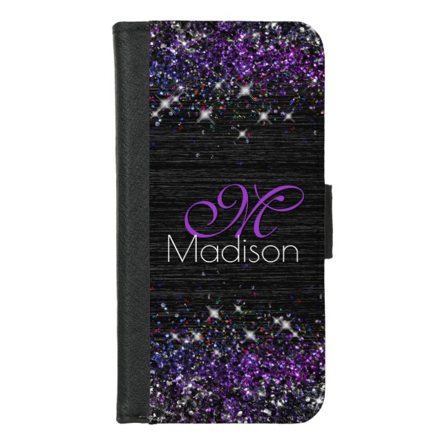 Purple black brushed metal glitter monogram iPhone wallet case (Front)