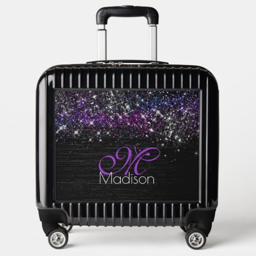 Purple black brushed metal glitter monogram luggage