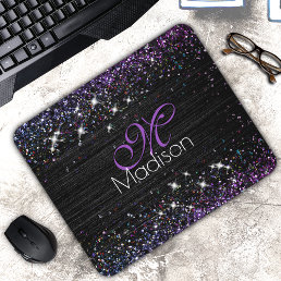 Purple black brushed metal glitter monogram mouse pad