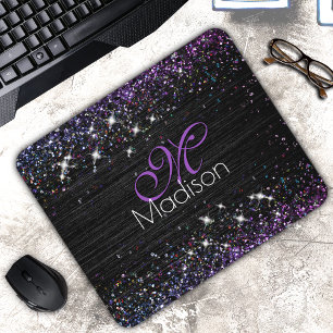 Purple black brushed metal glitter monogram mouse pad