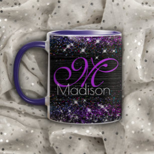 Purple black brushed metal glitter monogram mug
