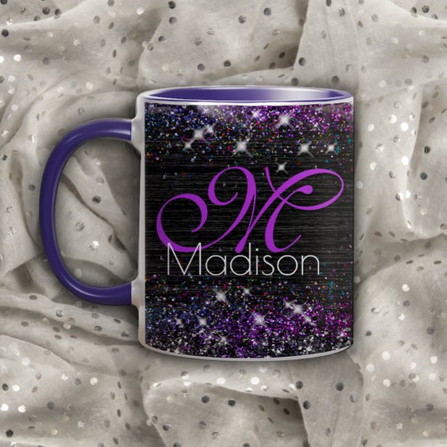Purple black brushed metal glitter monogram mug (Creator Uploaded)