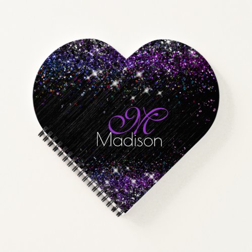 Purple black brushed metal glitter monogram notebook