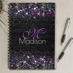 Purple black brushed metal glitter monogram notebook