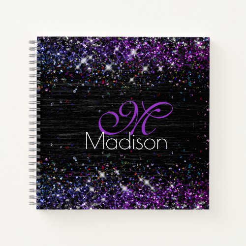 Purple black brushed metal glitter monogram notebook