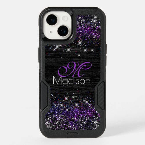 Purple black brushed metal glitter monogram OtterBox iPhone 14 case