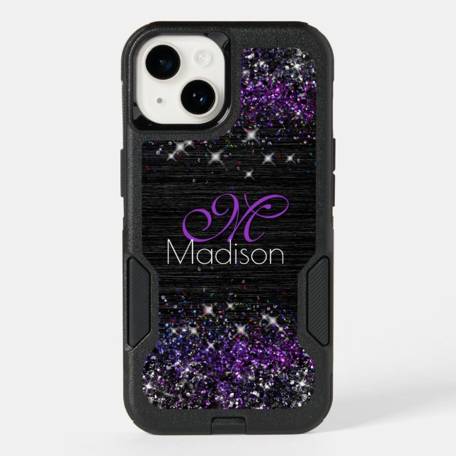 Purple black brushed metal glitter monogram otterbox iPhone case (Back)