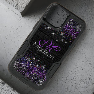 Purple black brushed metal glitter monogram OtterBox iPhone 14 case