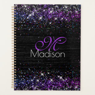 Purple black brushed metal glitter monogram planner