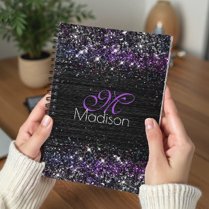 Purple black brushed metal glitter monogram planner
