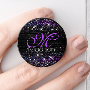 Purple black brushed metal glitter monogram PopSocket