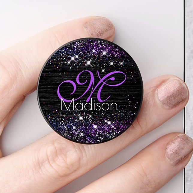 Purple black brushed metal glitter monogram PopSocket (Creator Uploaded)