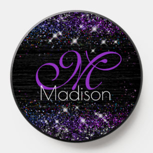 Purple black brushed metal glitter monogram PopSocket