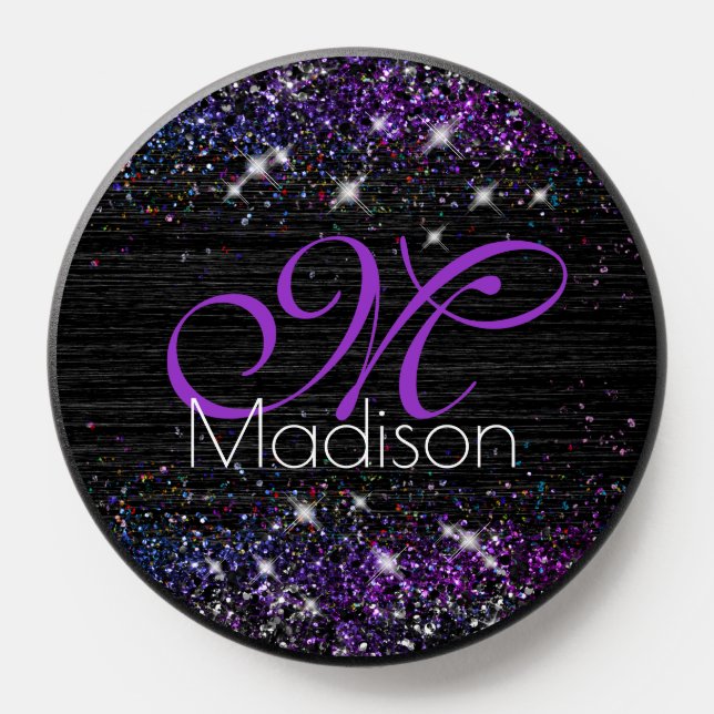 Purple black brushed metal glitter monogram PopSocket (Popsocket)