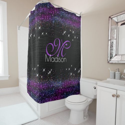 Purple black brushed metal glitter monogram shower curtain
