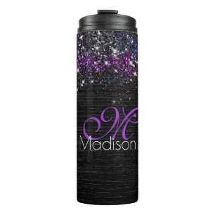 Purple black brushed metal glitter monogram thermal tumbler